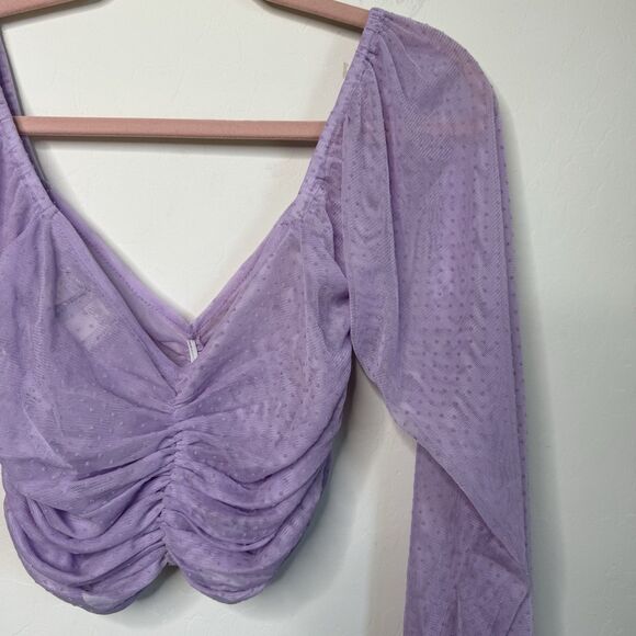 ASOS Size 4 Purple Ruched Sheer Swiss Dot Long Sleeve Crop Top - Picture 9 of 14